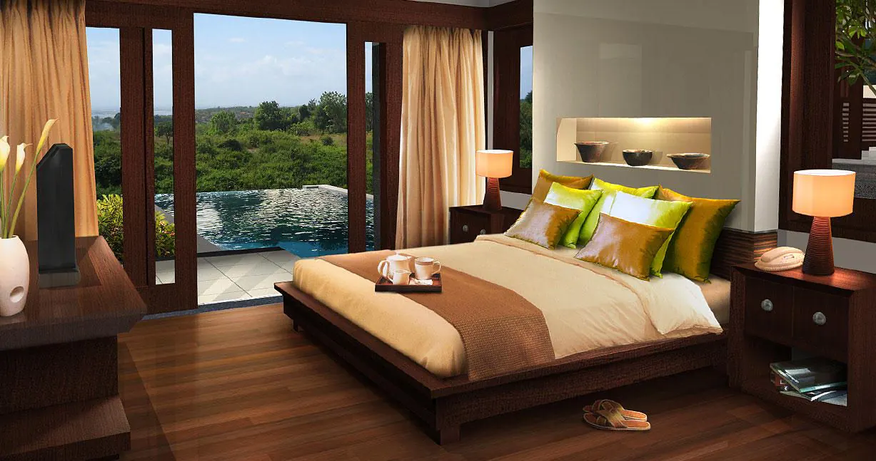 Handover · Kampial bedroom opening to a pool