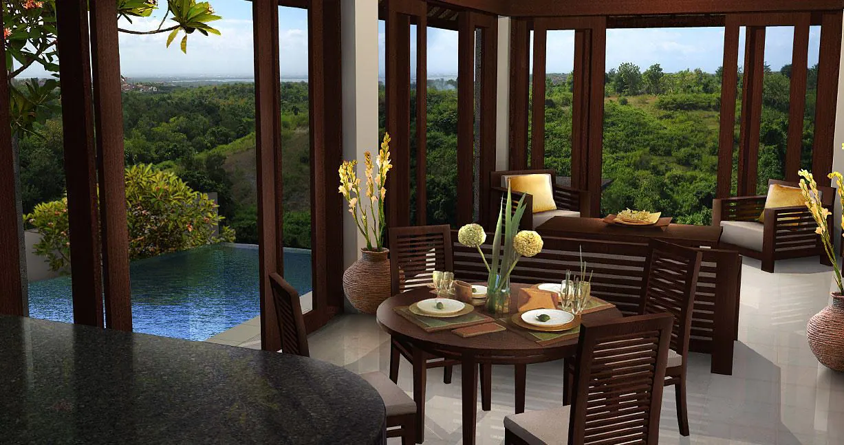 Kampial Teak Villa — dining room opens onto a ridge view and infinity pool through full-height teak doors