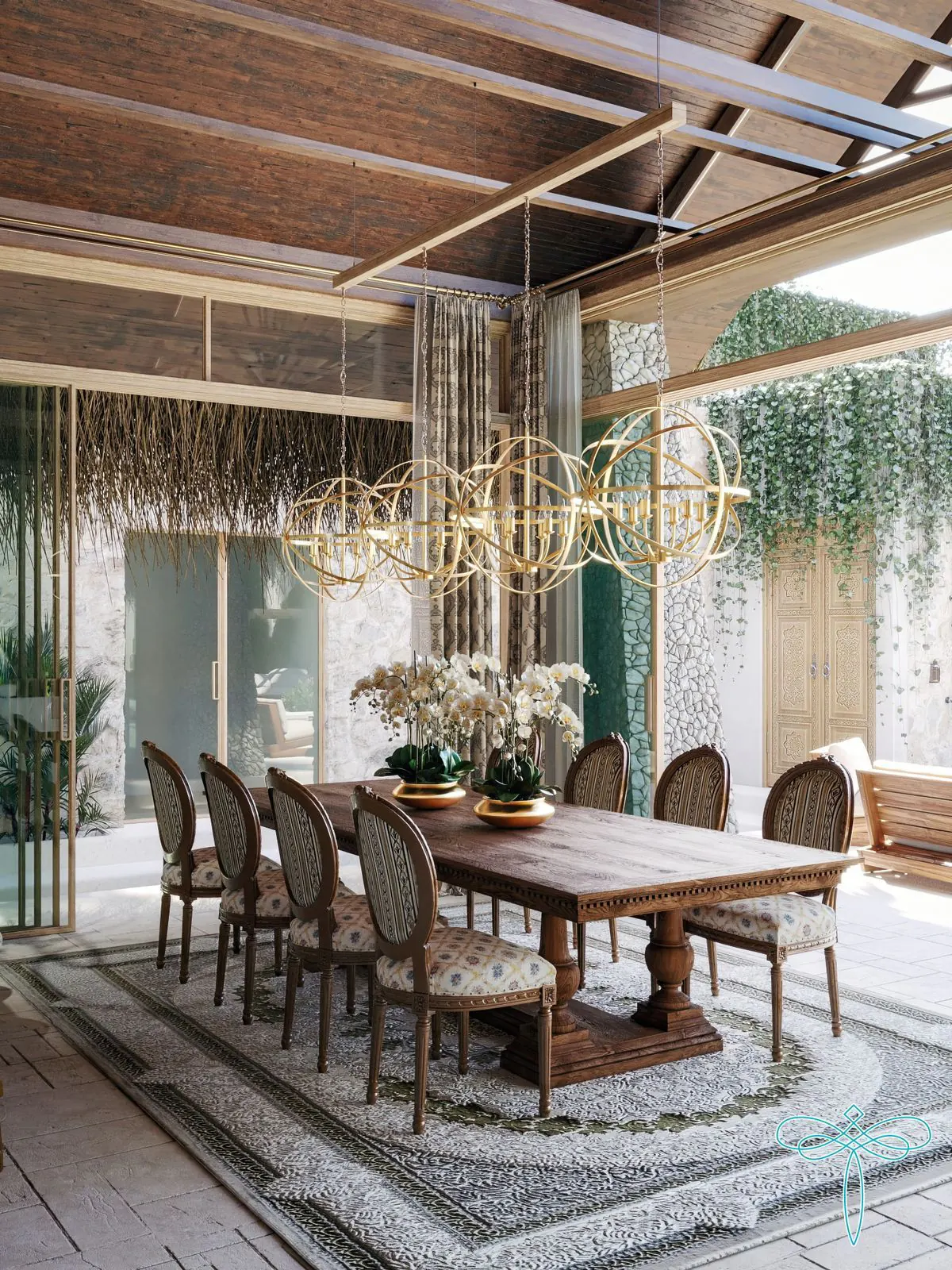 DM Project — long timber dining hall under brass globe pendants, framed by curtains of trailing greenery