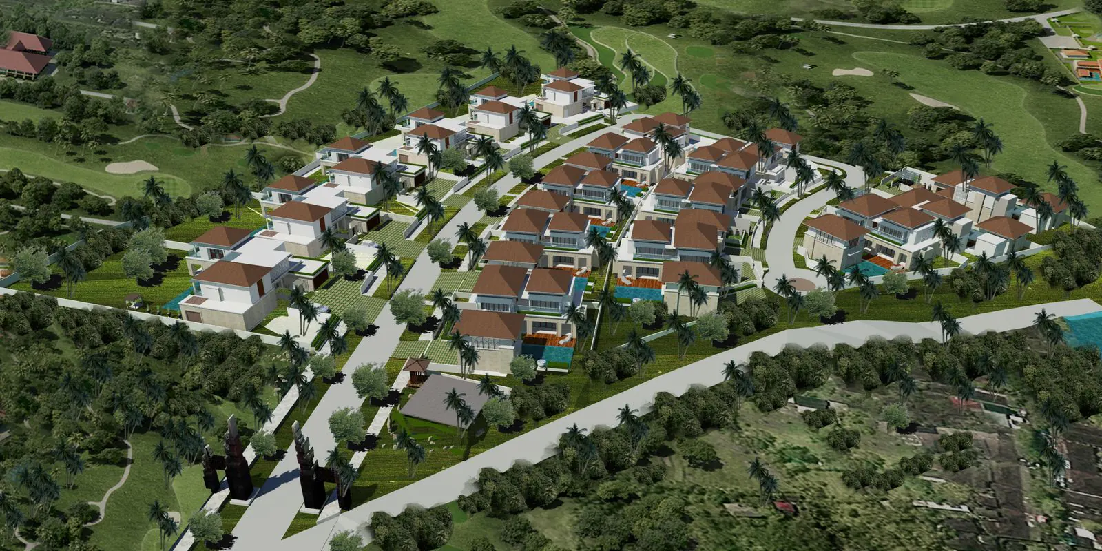 Villa Pecatu — masterplan render of a residential cluster, golf-course site planning across the slope